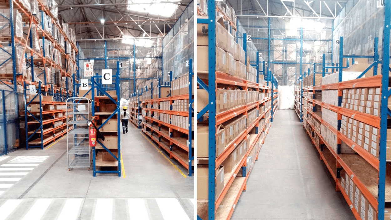 Espacios de almacenaje y racks en el interior del almacén de DSV Solutions Perú